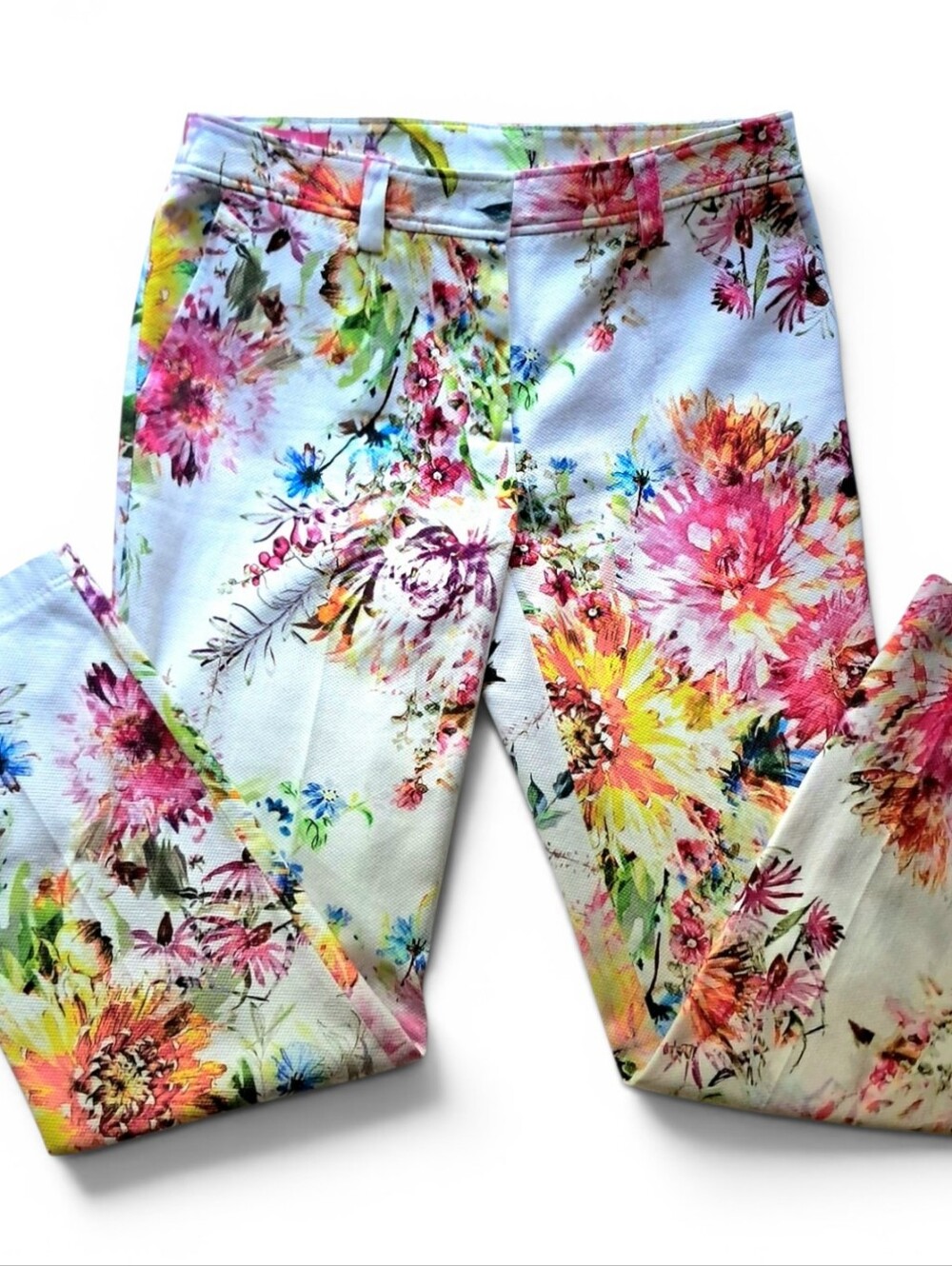 Basler Vibrant Floral Abstract Slim Leg Trouser Sz 6 EU 36 Lux Pique Cotton NWOT